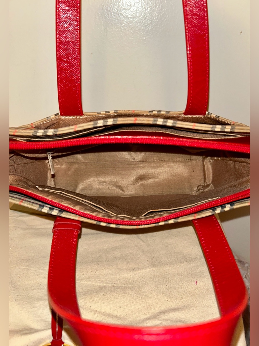 Burberry. Haymarket Check Canvas Tote Bag featuring vibrant red leather trim. - Picture 10 of 12